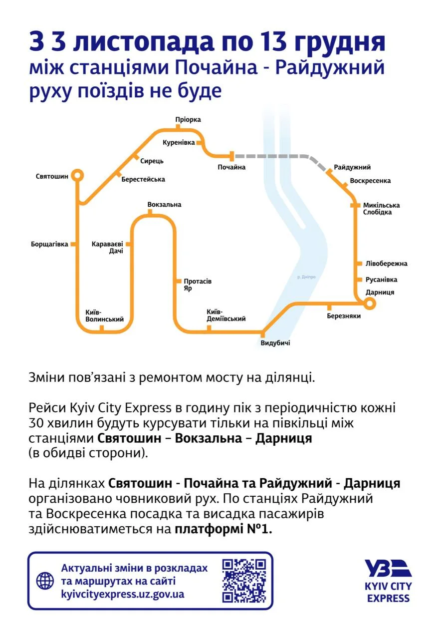 На Київській кільцевій електричці зупинять рух на ділянці Почайна – Райдужний через ремонт мосту