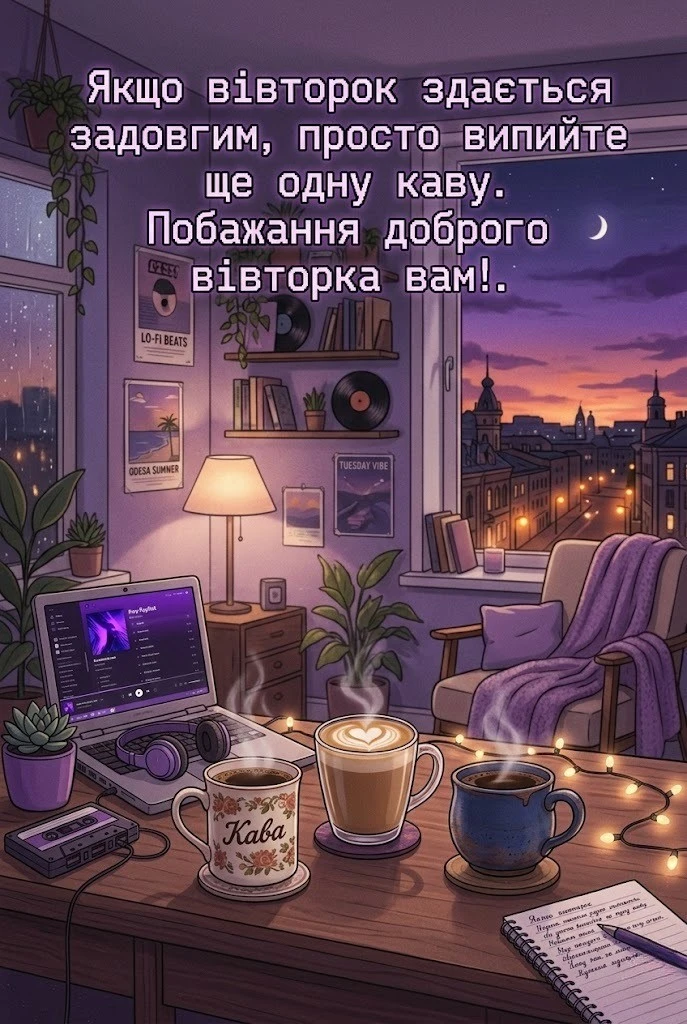 Доброго вівторка: душевні побажання, затишні листівки та прикольні картинки для гарного настрою